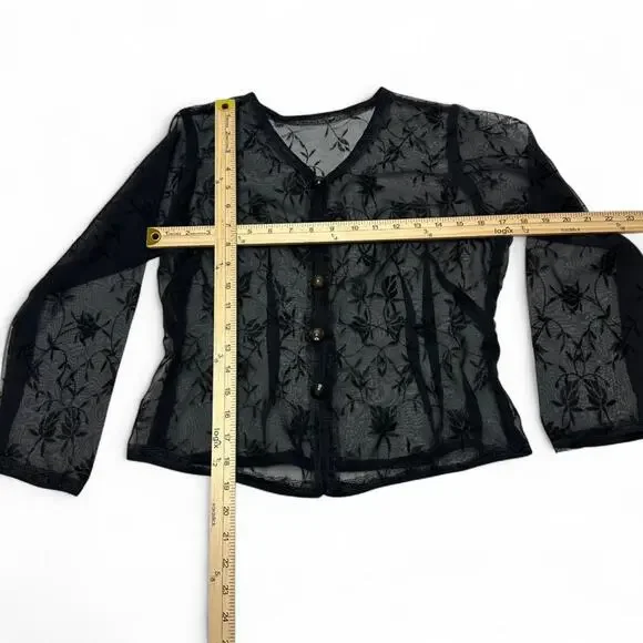 Black Sheer Whimsy Goth Embroidered Floral Layering Long Sleeve Size Medium - Picture 3 of 3